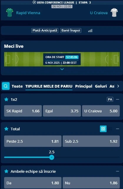 Cote pariuri SK Rapid - Universitatea Craiova de la Mr Bit