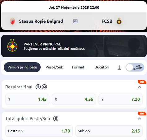 Cote pariuri Steaua Roșie - FCSB la Betano