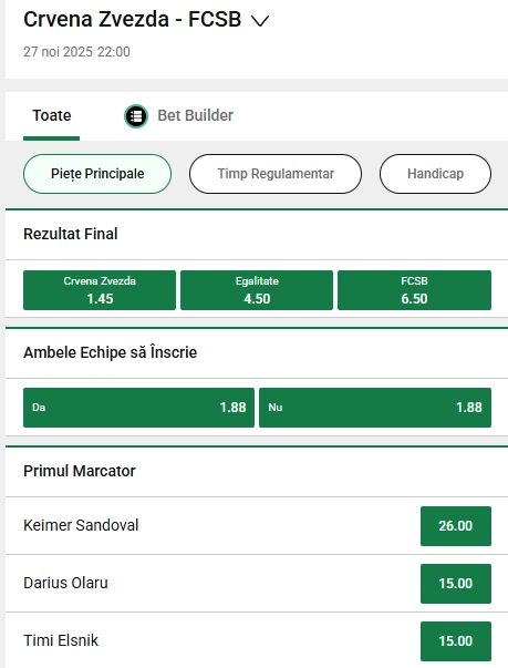 Cote pariuri Steaua Roșie - FCSB la Unibet