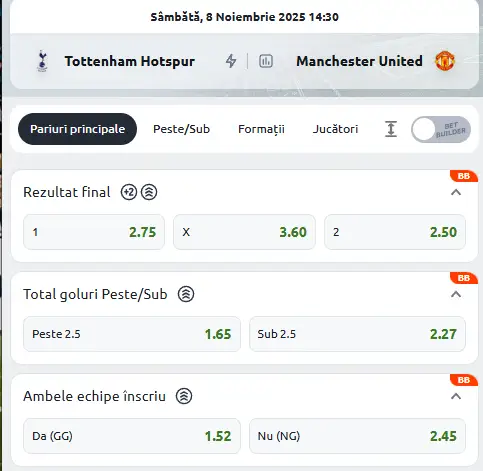 Cote Pariuri Tottneham vs Manchester United la Betano