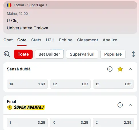 Cote pariuri U Cluj vs Universitatea Craiova la Superbet