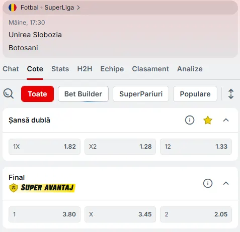 Cote pariuri Unirea Slobozia vs FC Botoșani la Superbet