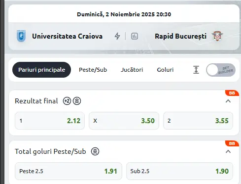 Cote Pariuri Universitatea Craiova vs Rapid la Betano