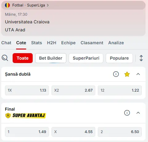 Prezentare cote pariuri Universitatea Craiova vs UTA Arad la Superbet