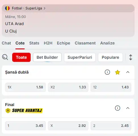 Cote p ariuri UTA Arad vs U Cluj la Superbet