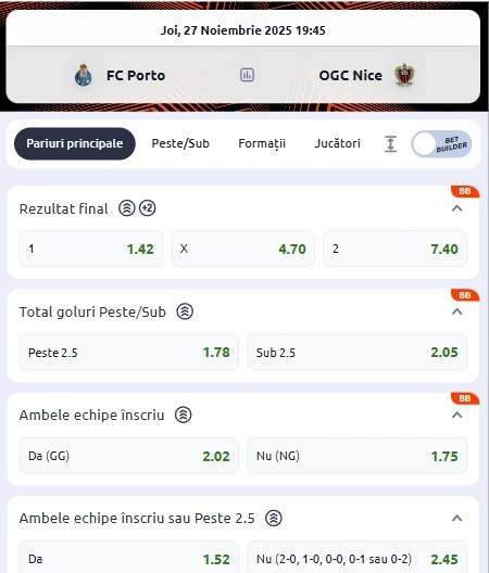 Cote pariuri FC Porto - Nice