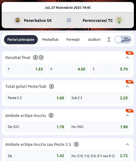 Cote pariuri Fenerbahce vs Ferencvaros