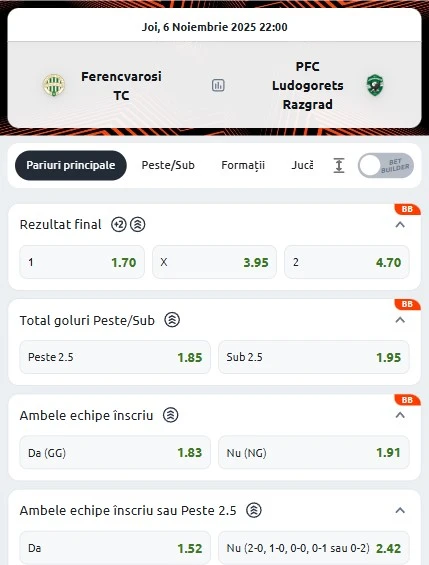Cote pariuri Ferencvaros vs Ludogorets