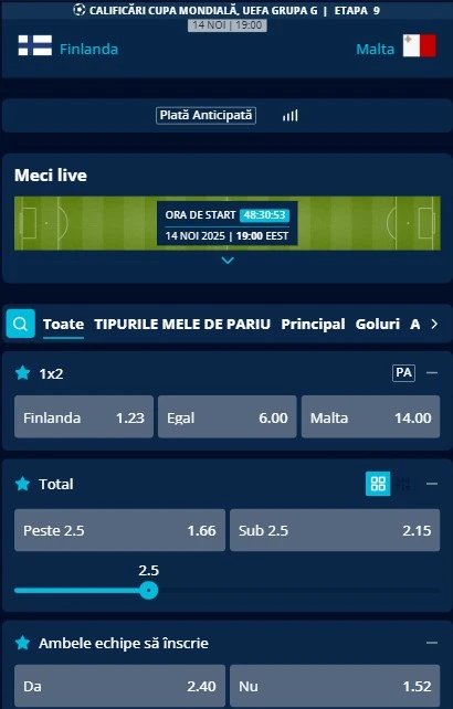 Cote pariuri Finlanda vs Malta
