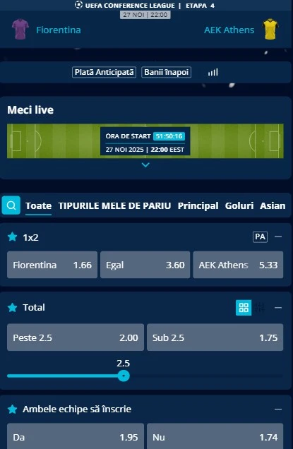 Cote pariuri Fiorentina vs AEK Atena