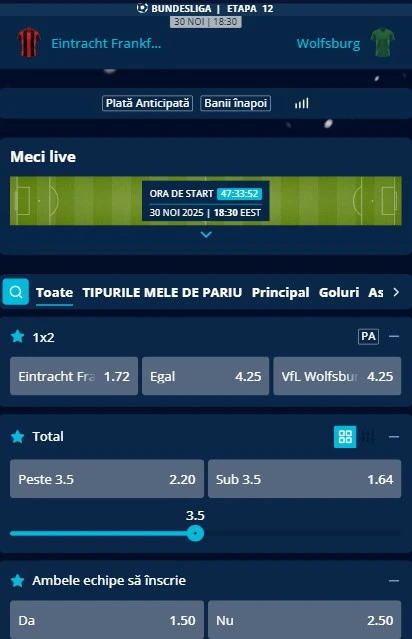 Cote pariuri Frankfurt - Wolfsburg