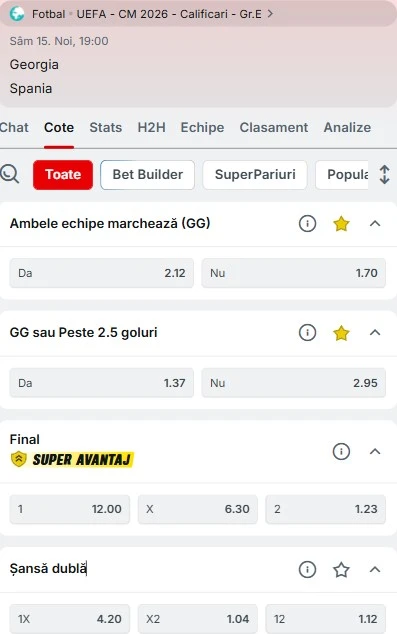 Cote pariuri Georgia - Spania