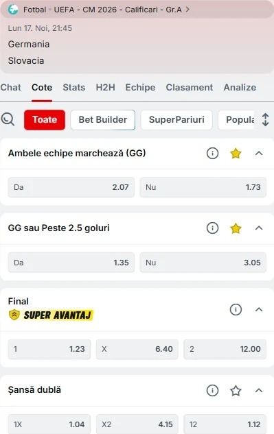 Cote pariuri Germania vs Slovacia