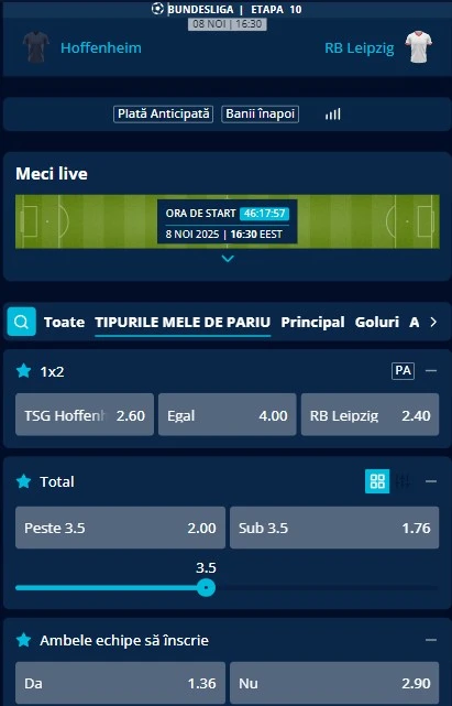 Cote pariuri Hoffenheim - RB Leipzig