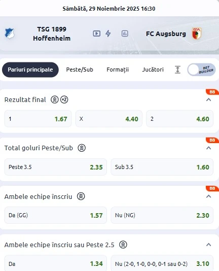 Cote pariuri Hoffenheim vs Augsburg