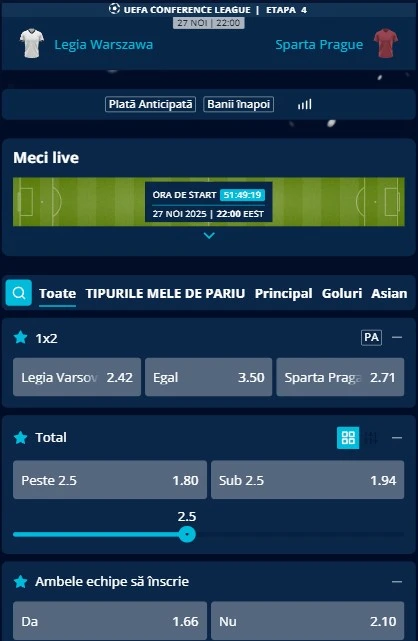Cote pariuri Legia - Sparta Praga