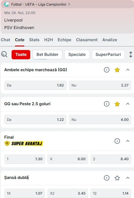 Cote pariuri Liverpool vs PSV