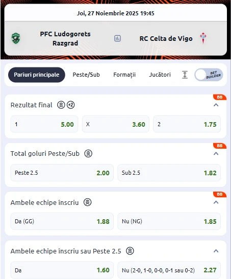 Cote pariuri Ludogorets vs Celta Vigo