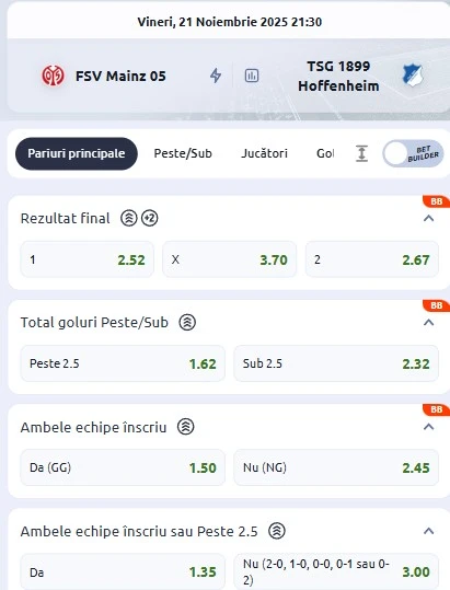 Cote pariuri Mainz - Hoffenheim