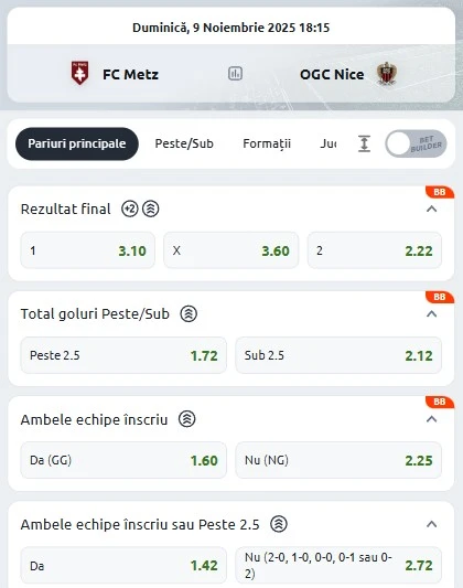 Cote pariuri Metz vs Nice