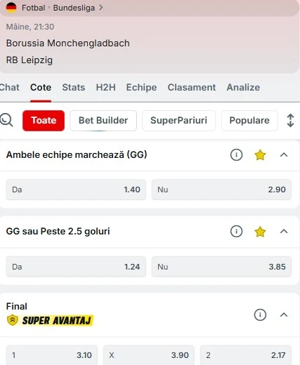 Cote pariuri Monchengladbach - RB Leipzig