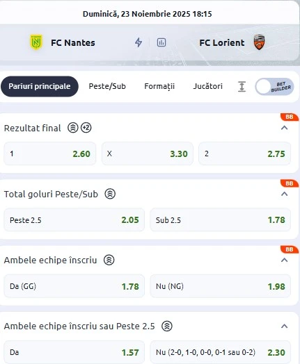 Cote pariuri Nantes - FC Lorient