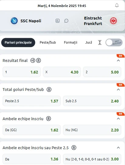 Cote pariuri Napoli vs Frankfurt