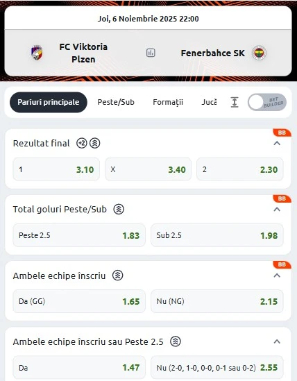 Cote pariuri Plzen - Fenerbahce