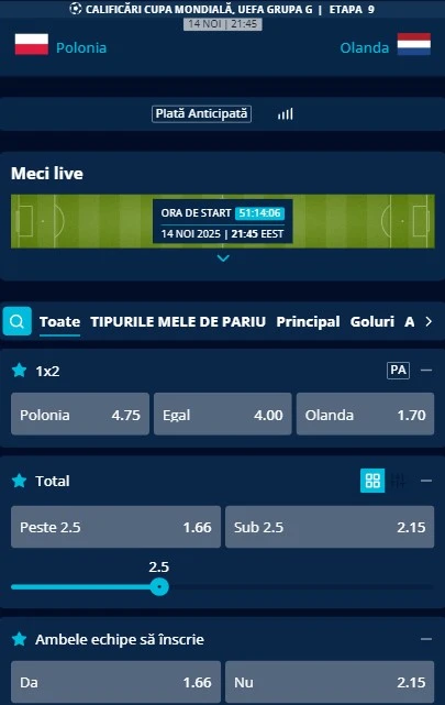 Cote pariuri Polonia vs Olanda