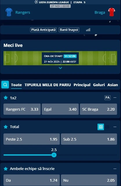 Cote pariuri Rangers vs Braga