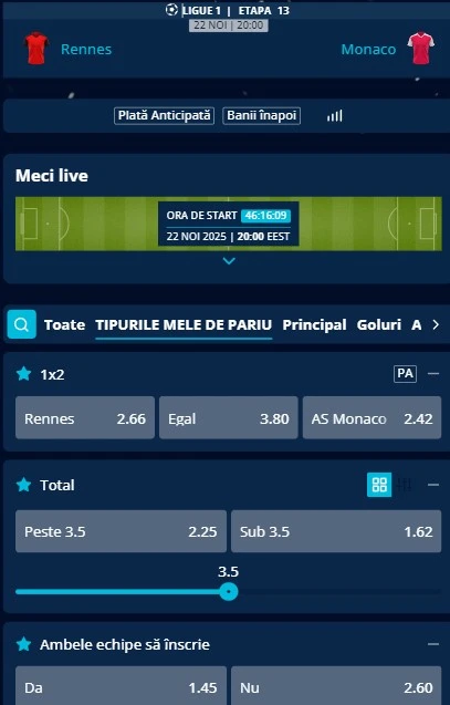 Cote pariuri Rennes - AS Monaco