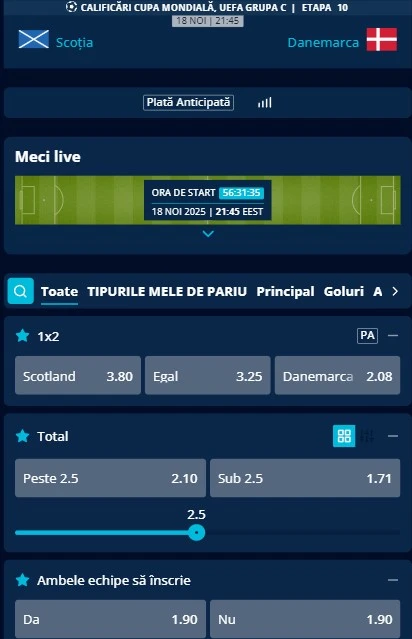 Cote pariuri Scoția vs Danemarca