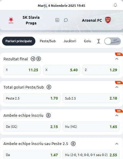 Cote pariuri Slavia Praga - Arsenal