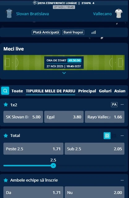 Cote pariuri Slovan Bratislava - Vallecano