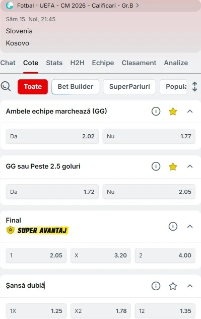 Cote pariuri Slovenia vs Kosovo