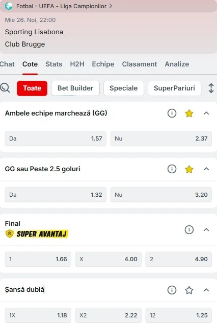 Cote pariuri Sporting - Club Brugge,