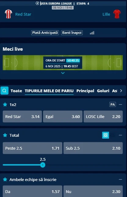 Cote pariuri Steaua Roșie vs Lille