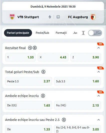 Cote pariuri Stuttgart vs FC Augsburg