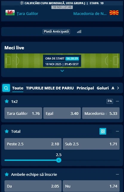 Cote pariuri Țara Galilor - Macedonia de Nord