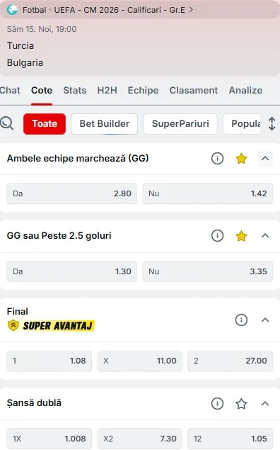 Cote pariuri Turcia vs Bulgaria