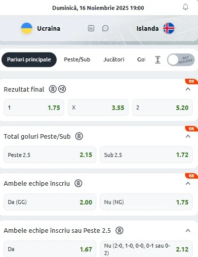 Cote pariuri Ucraina vs Islanda