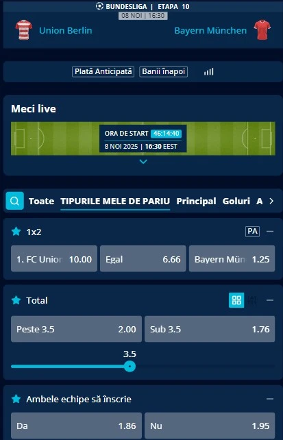 Cote pariuri Union Berlin - Bayern