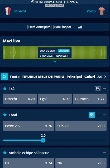 Cote pariuri Utrecht - FC Porto