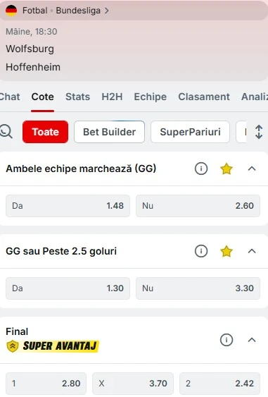 Cote pariuri Wolfsburg - Hoffenheim