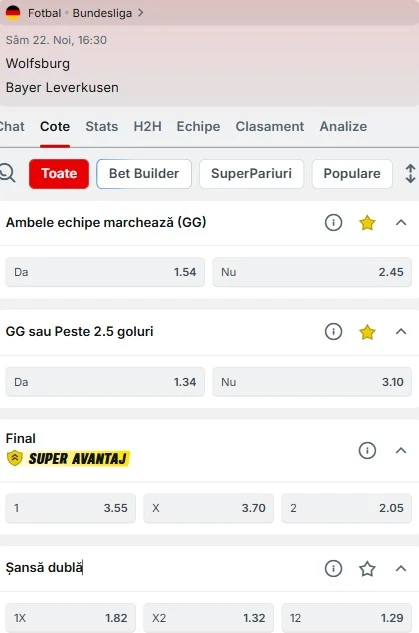 Cote pariuri Wolfsburg - Leverkusen