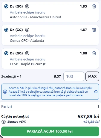 Biletul Zilei bazat pe goluri 21.12.2025