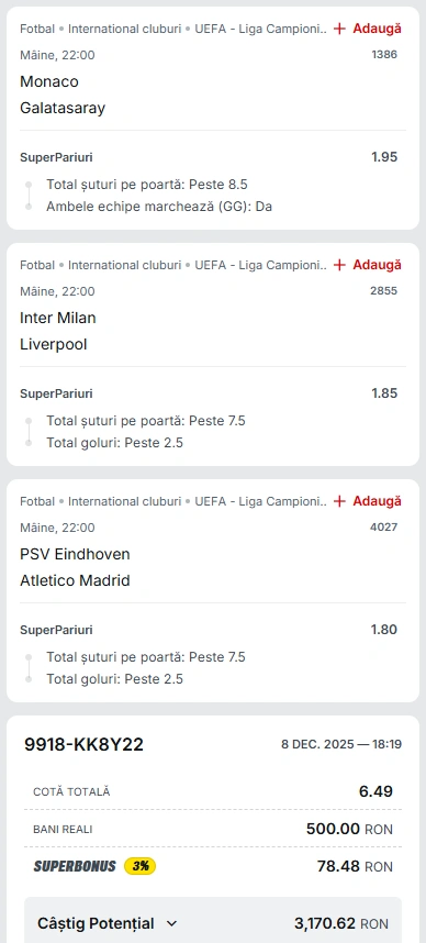 Biletul Zilei din Super Pariuri 09.12.2025