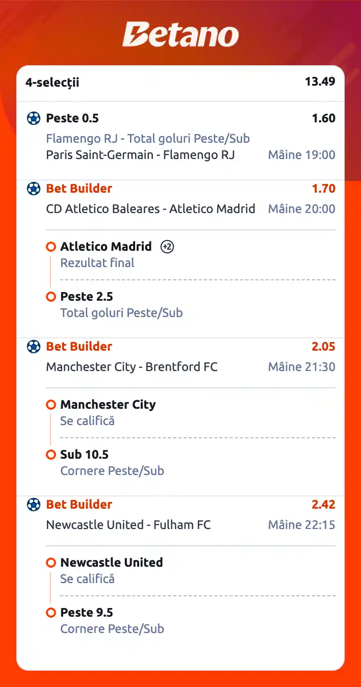 Biletul zilei din fotbal jucat la Betano, 17.12.2025