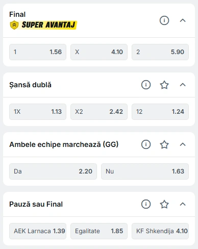 Cote pariuri AEK Larnaca vs Shkendija la Superbet