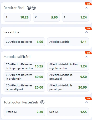 Cote pariuri Atletico Baleares vs Atletico Madrid la Betano